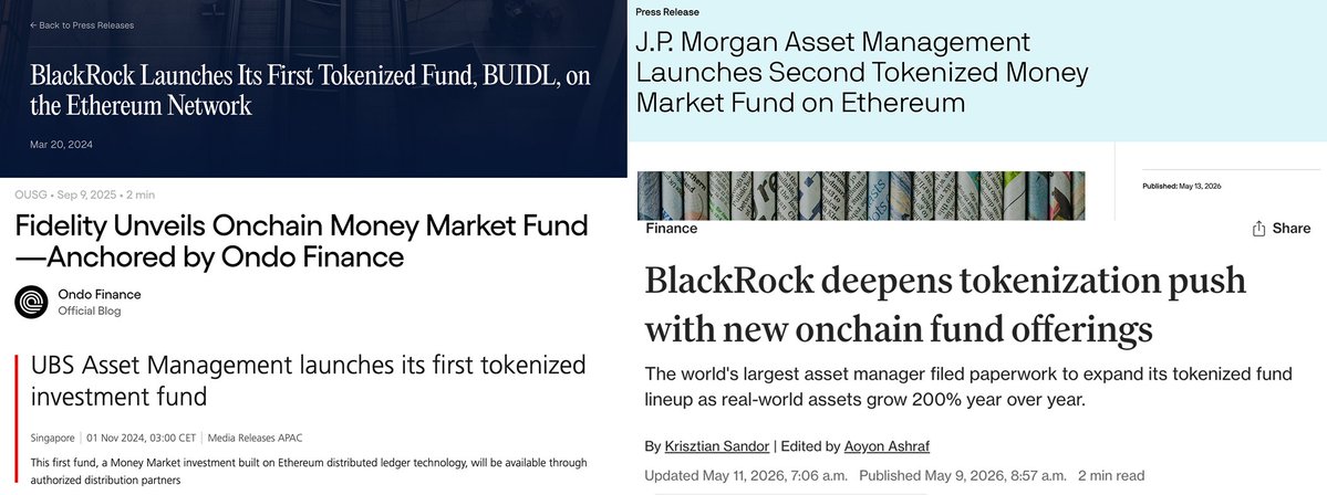 BlackRock, J.P. Morgan, Fidelity, and UBS have all launched tokenized products on Ethereum